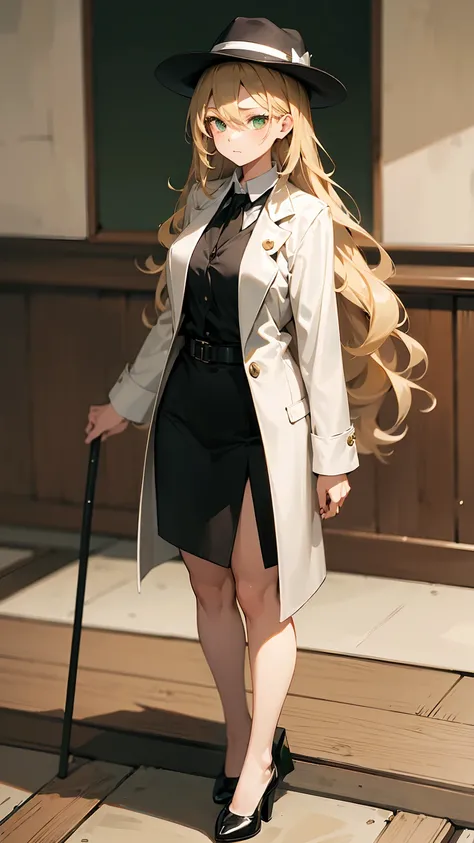 masterpiece, high quality, perfect face, high texture, 1 girl, 1 person, full body, standing with cane, anime, mafia, , fedora hat, wavy long blonde hair, green emerald eyes, looking toward camera, white t-shirt with black tie, long brown coat