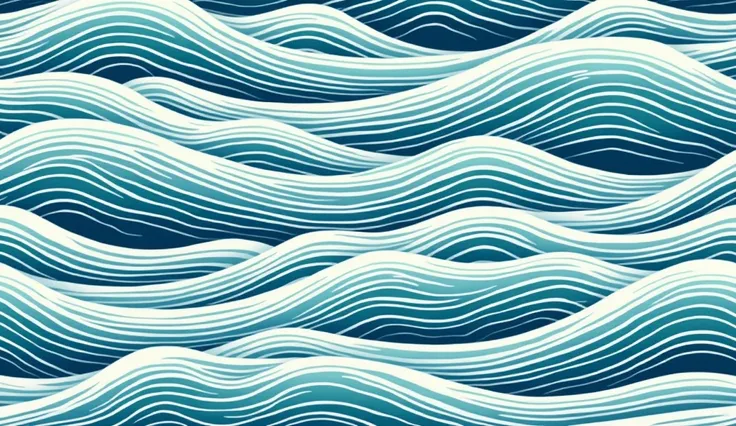 Elegant pattern design inspired by traditional Japanese art, featuring stylized ocean waves in varying shades of blue and turquoise. The waves are intricately detailed with flowing lines, creating a rhythmic, harmonious movement across the composition. The...