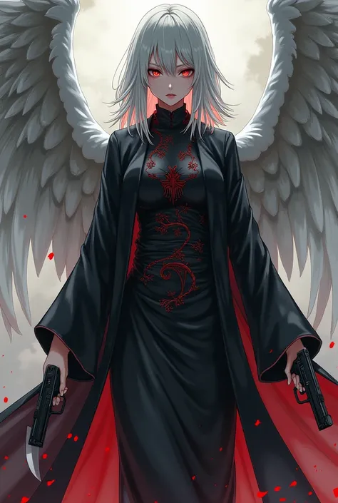  full body image　Traitor　Fallen Angel　Blood droplets　Japanese style attire　Buka Bukas Long Coat 　 A Beautiful Girl with Clear, Watery Hair and No Highlights, and Dead Eyes　 A Handgun and a Handgun and a Small Knife 　 anime-style illustration　Best Quality　H...