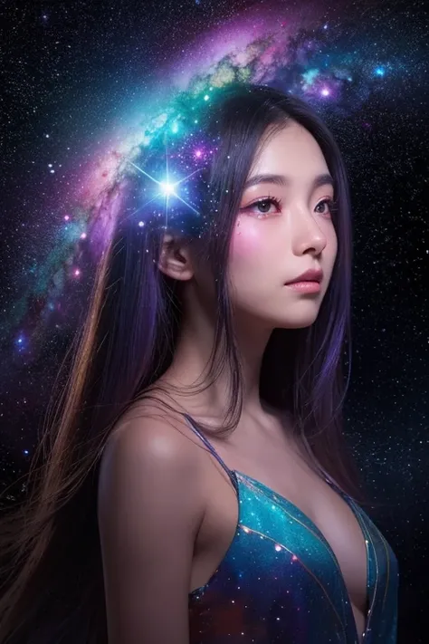 A surreal, cosmic woman whose face and body are fully merged with the colors and textures of deep space, eliminating all traces of human skin tone and making her appear as though she is formed entirely from galaxies, nebulae, and stardust. Her face is indi...