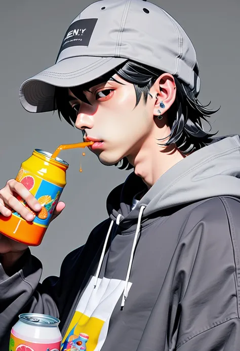  High Quality 、 pop art、 boys、Bucket hat、Black Hair、 sideways、 is looking sideways、profile、 dont look here、 gray hoodie、 upper body、Canned juice、Right hand