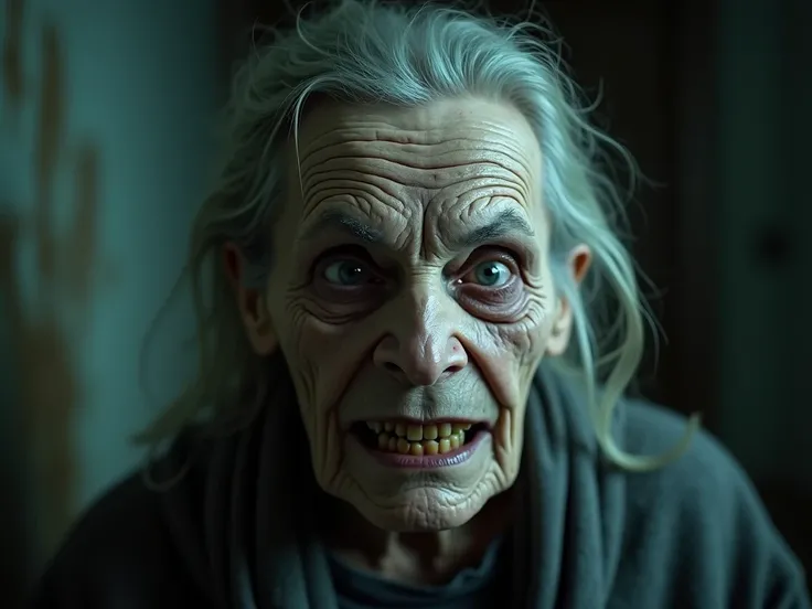 Create an intense, unsettling of an older women with pale, wrinkled skin, deep-set eyes, and a haunting expression, showing signs of age and possible illness. The character’s face is heavily wrinkled, with sunken eyes and slightly decayed-looking teeth, gi...