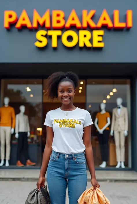 A modern clothing store exterior with a large, bold sign at the top that reads "PAMBAKALI STORE" in vibrant, eye-catching colors. Outside the store, there is a young Tanzanian  with a warm smile, wearing a stylish T-shirt that says "PAMBAKALI STORE" on the...