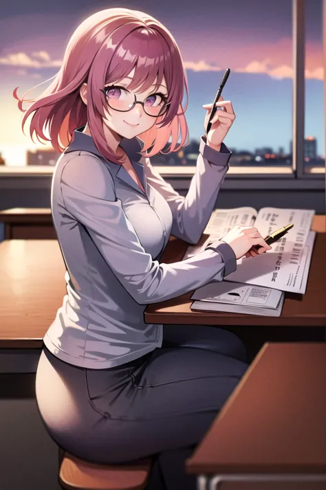 masterpiece, best quality, absurdres, 1girl, looking at viewer, sitting, classroom, sunset, desk, pov, large dr ess, glasses, me...