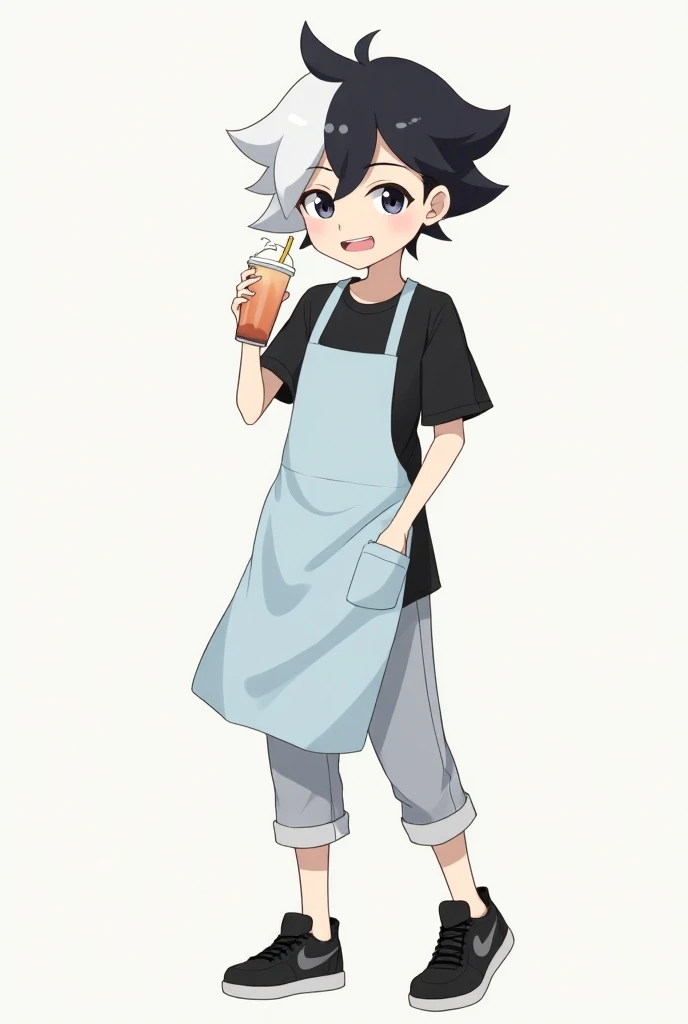 Anime,Boy 1, Put on a short-sleeved black round neck T-shirt , Tie a pale blue apron , black sneakers ,Ear Piercing,Holding a glass of milkshake , Short hair, black two-block with a bang on white hair,Bending teeth