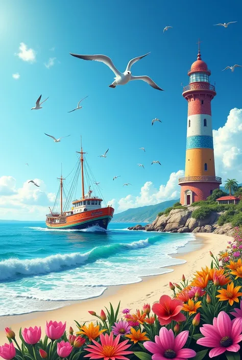 Photo dun magnifique chalutier de toute les couleurs qui passe sur la mer et devant un magnifique phare coloré sur une magnifique plage de sable remplie de belles fleurs, avec un ciel bleu sans nuages et des mouettes dans le ciel. Vision hyper réaliste et ...