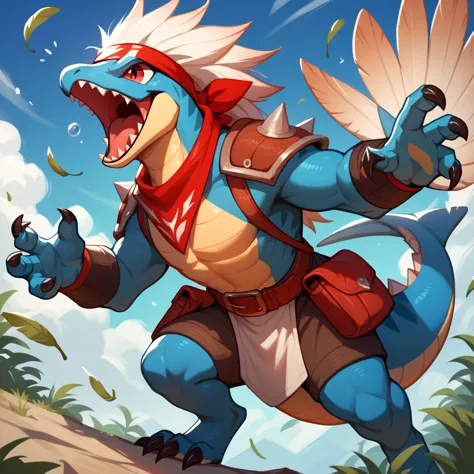 score_9, score_8_up, score_7_up, score_6_up, score_5_up, no humans, rating_safe, red scaled totodile red, with a white feathered...