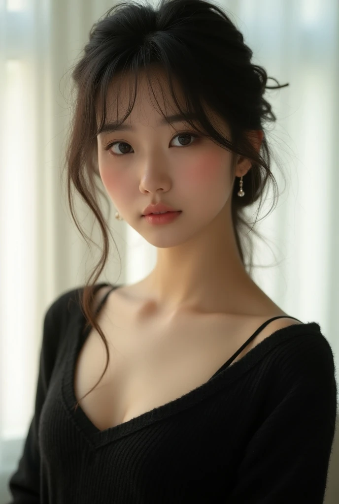  A style that goes well with black ,  dark hair , Sexy, pretty, and raunchy Korean girl with big breasts , She has double eyelids ,  A little small friend ,  Cute because her eyes arent very big ,  Korean girl wearing a black sweater and looking innocent, ...