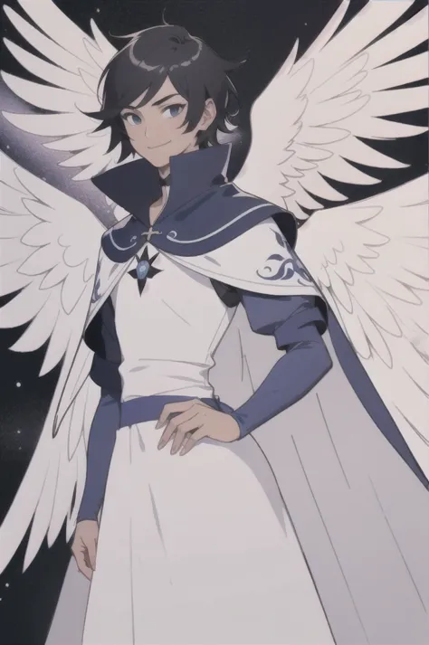 1boy, angel king, reference sheet, reference, the king's clothes, royal cloak, black hair, buzz cut, smile, wings, angel, smile,...