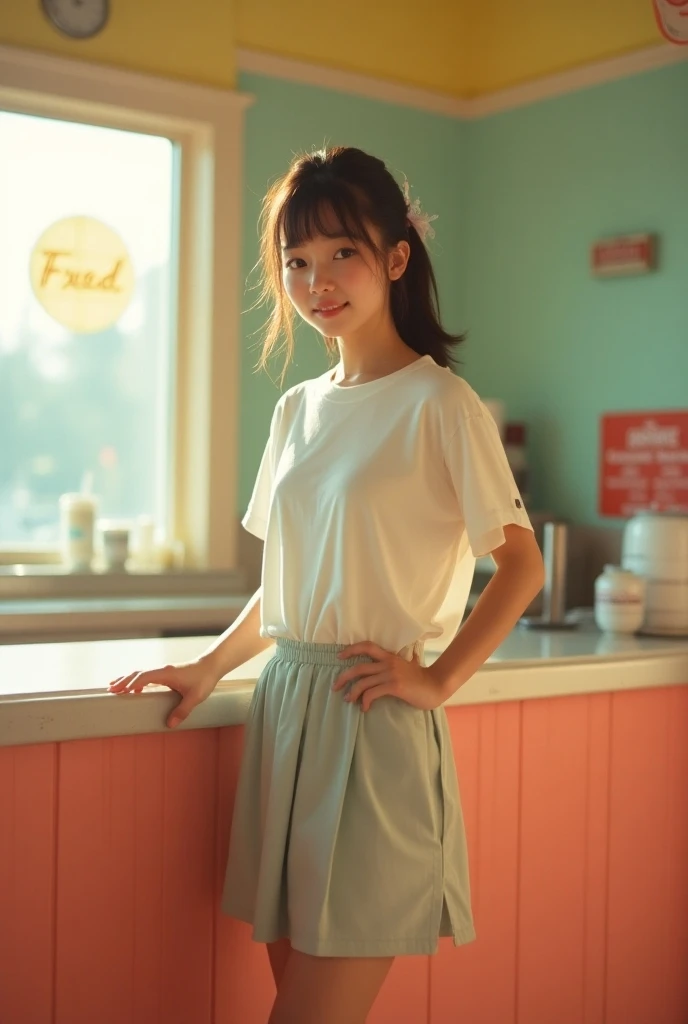 (1girls shot:1.3),(JAPANESE_pretty_13yo:1.5),Portrait MagMix Girl looking at the camera,(Tshirts_dress_micro_skirt:1.2), A retro ice cream shop with pastel-colored walls, Classic Soda Fountain Counter, Vintage ice cream poster, bathed in warm sunlight, Ana...