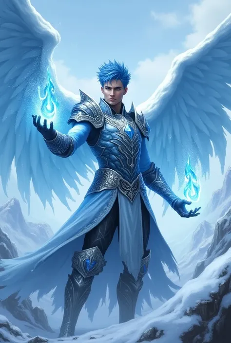 Create magic the gathering style a man with short blue spiked hair with blue eyes wearing swan armor with blue ornaments with blue platinum wings shooting a gust of ice on a snowy mountain with his hand