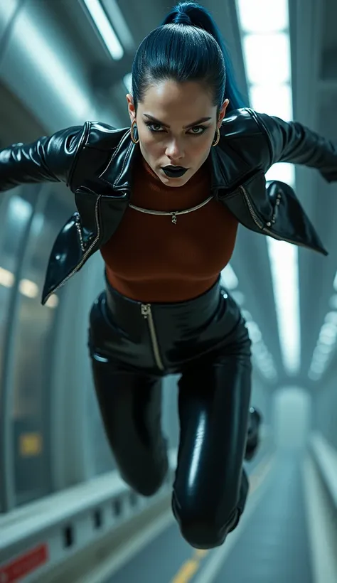 angelina jolie, en action de voler dans les airs, latex, brillant, futuriste, chemise latex t-shirt latex marron rouge foncé, col roulé latex marron rouge foncé, t-shirt zippé latex marron rouge foncé, cape latex bleu marine, anneaux métaliques coup, corse...