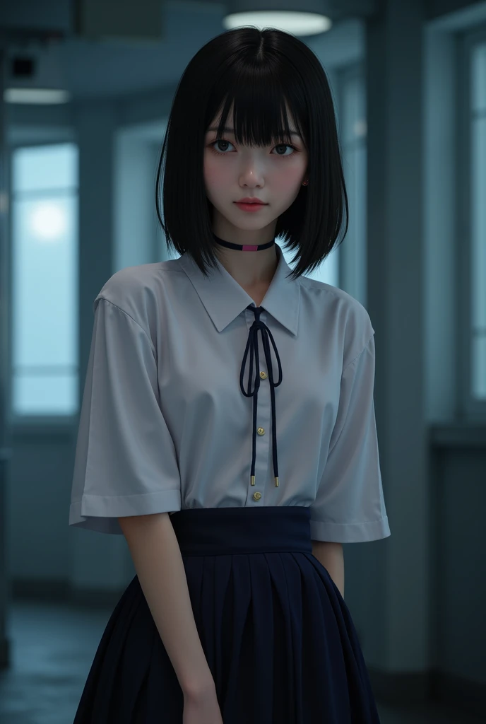 realism neat and graceful, skin-generated-color,droppy hooded eyes eyescolor-skygray,lip- thickness-thin,hairstyle- straightbobcut sidehair-semi-long haircolor-noir-black,body-Height-157cm Bust-81cm Waist-58cm Hips-85cm, arm-thickness-23cm length-65-cm leg...