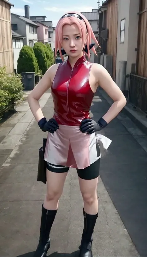 arafed woman in a short skirt and red top posing for a picture, Sakura Haruno, Female protagonist 👀 :8, wearing atsuko kudo latex outfit, Haruno Sakura, Tifa lockhart, wearing techwear and armor, Sakura Haruno in slug sage mode, Tifa, yaoi kasuma, Cyberpun...