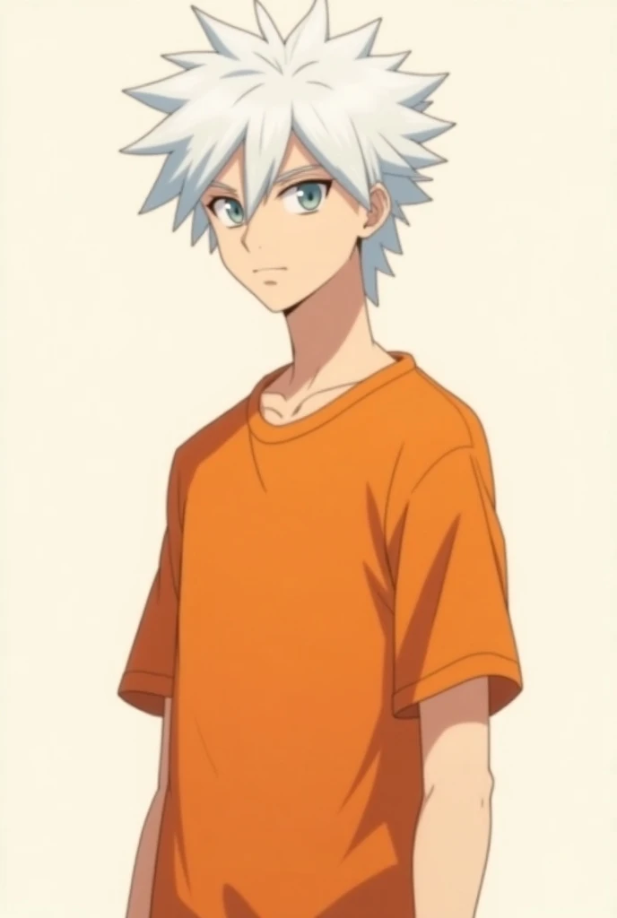 A anime male  orange t-shirts white hair