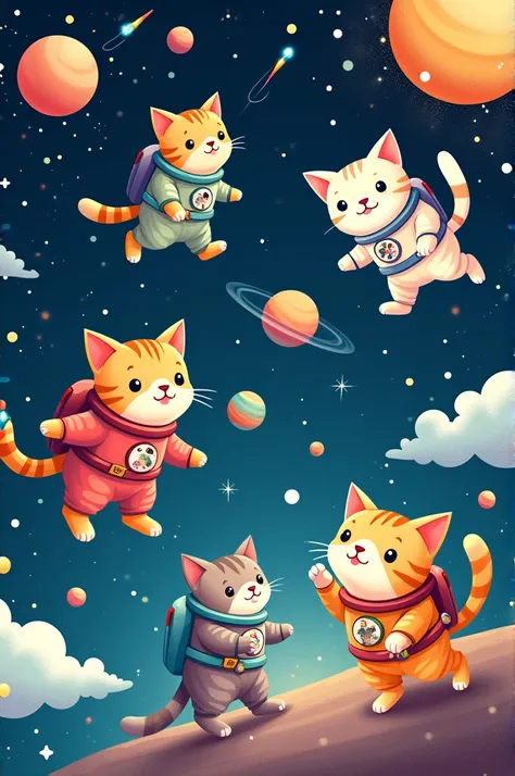 1. "Cosmic Cats"
Theme: Space + Animals Design: A playful and whimsical sticker featuring cats wearing spacesuits and floating through a starry sky. Some cats could be chasing comets, while others might be sitting on planets. The background can be deep spa...