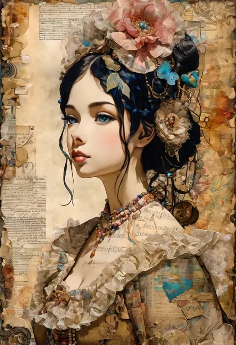 Super detailed alcohol ink painting of gorgeous girl, Made on top of a mixed-media masterpiece patchwork of stress-free vintage script paper, Ephemera, Torn cardboard, Vintage newspaper, Vintage sheet music, Wax Seal, Dress made of paper ruffles and life-s...