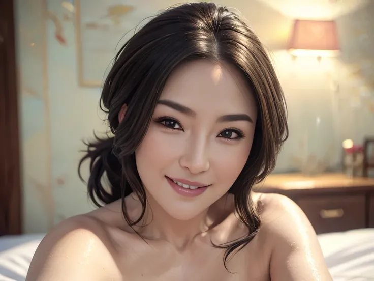 a gorgeous lady, medium length hair, ponytail, beautiful detailed smile, beautiful detailed teeth, south-east asian, lover, taking a selfie after bath half naked, cinematic dramatic lighting, (best quality,4k,8k,highres,masterpiece:1.2),ultra-detailed,(rea...