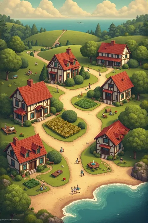 Make vintage village map with these information: make it vintage
1.Small cottage house
2.Crops of potatoes 
3.Small farm with chicken,pigs,cows
4.small pool behind the house
5.small garden yard
6.big apple tree
7.Big manor house
8.Small cafe named niks Cof...