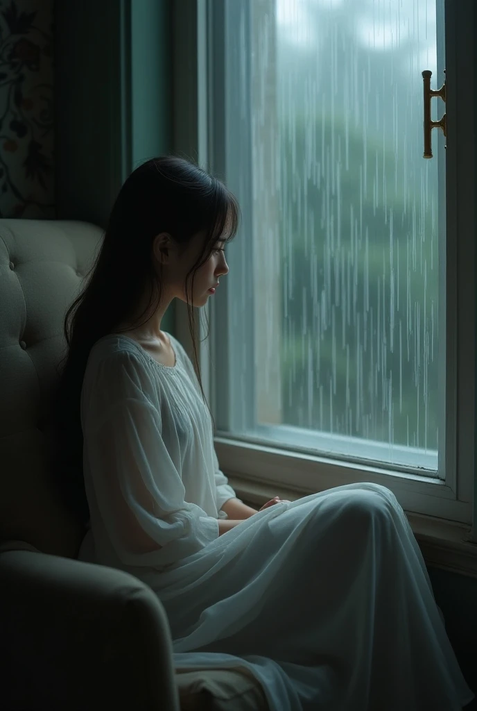 a beautiful girl sits on the chair next to the window in rain 