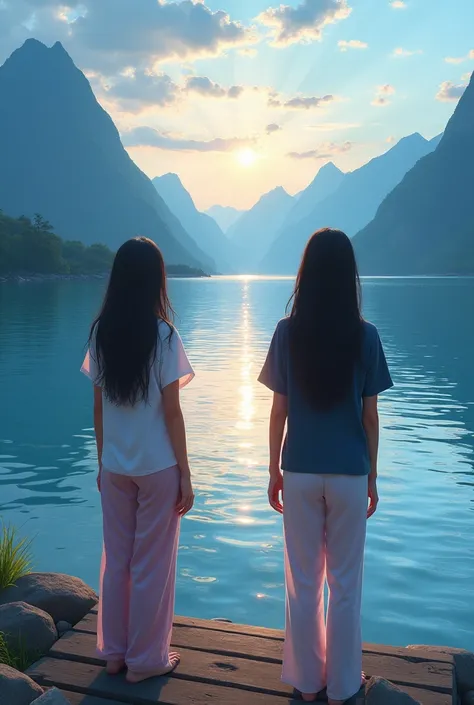 beautiful japaneese women, curve body, long black hair, posing in the lake toba panorama of indonesian, wearing t-shirts and pajama pants in the bright morning, sunrise come, blue skies, mountain