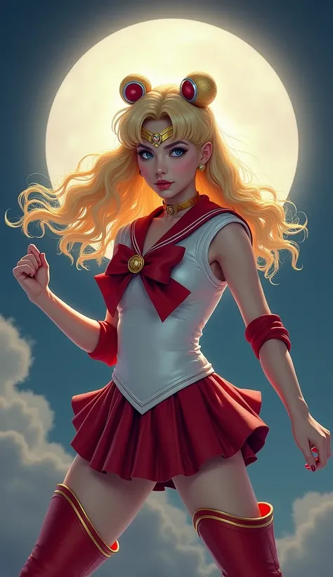  sailor moon 、 sailor suit type combat uniform、The background is a full moon、 Fighting Poses、 real、 digital art 、realistic、Blonde、red long boots 、Golden buckle、cinematic