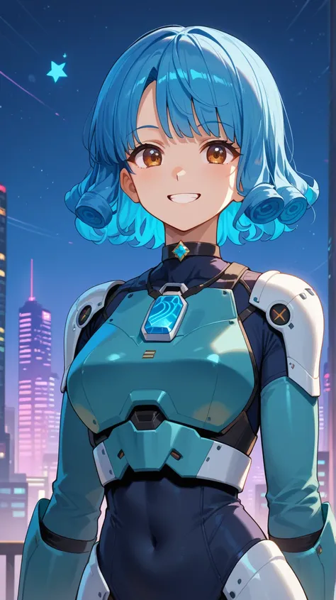 An anime girl with curly, shoulder-length blue hair and warm brown eyes, dressed in a high-tech gray and turquoise armored suit with layered details. She has a simple black choker and a small blue gem pendant. She’s in a bustling futuristic city with tall,...