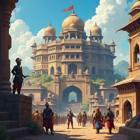 "A large Indian fort with soldiers blowing a giant conch on top, set against a backdrop of traditional Indian architecture."

