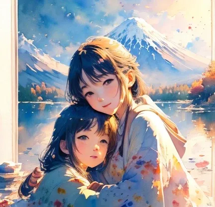 (masterpiece:1.2, Best Quality),( several people having fun with each other while having very detailed ),(((watercolor))),8k, wallpaper, Japanese Scenery,Mount Fuji,Lake Yamanaka,autumn