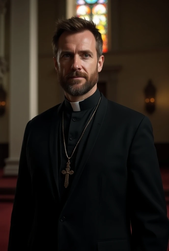 male priest, martin luther, black robes, older, handsome gentleman, beard, brown hair, cross necklace, religion, church in the background, dramatic lighting, cinematic angle, UHD, masterpiece, extremely detailed