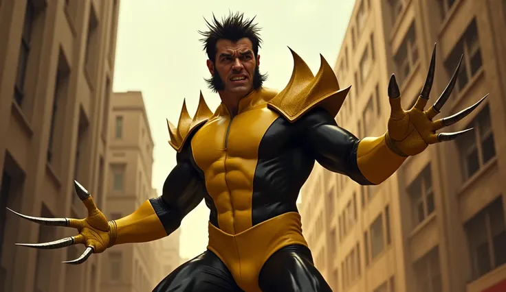 screengrab 1950s, superpenavision, retro color, A muscular, fierce-looking man with dark, spiky hair and sideburns, dressed in a yellow and black superhero suit with shoulder armor, stands in an intense pose. His expression is intense, showing strength and...