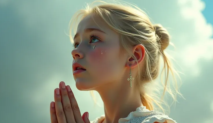 A beautiful blonde girl 13yo, wearing cross earrings,feeling sad while praying and elegantly wrapping around her hands in a prayer position, hands raised in worship, tears glistening on her cheeks sitting in a white light, hovering in the sky, enormous tee...