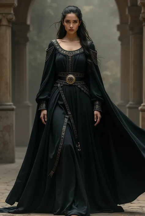 Woman in black cloth dress, Renaissance, Imogen, in black cloth dress, woman in the role of holy warrior, Ana de Armas as Joan of Arc, fantasy cloth clothes, spy outfit، warior woman ,black dress