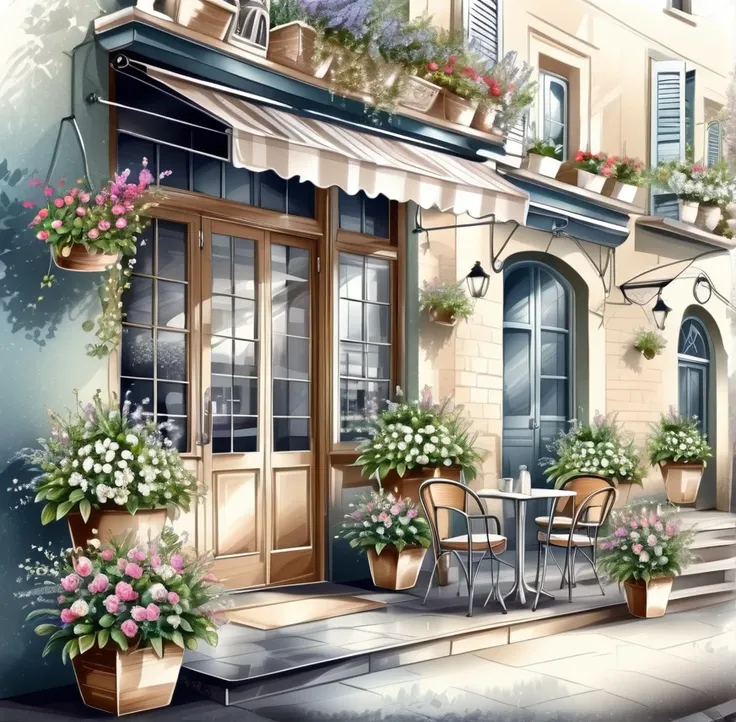   hand drawn illustration of an outdoor cafe entrance while drinking aromatic coffee,  Delicate and Elegant Decor  .  fresh and bright flowers and plants  ..Very detailed,Tonal texture  . Sharp contrast of light and shadow .