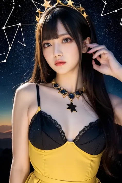 アイドルのような日本人のwoman ,Long Hair ,  straight hair,Black Hair, Round face , bust up , 1 constellation goddess from the future, 12 constellation goddess pink purple, 12 constellation goddess face sexy thin yellow nightgown, long thin nightgown 12 constellation m...