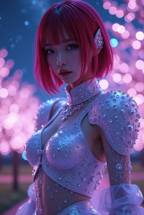 ultra-realistic, photorealistic, dramatic scene, shadow, global-illumination, solo, (20 years old Japanese famous idol girl:1.5), very beautiful fragile Japanese girl with red hair, medium bob hairstyle with bangs, one purple eye, very beautiful with very ...