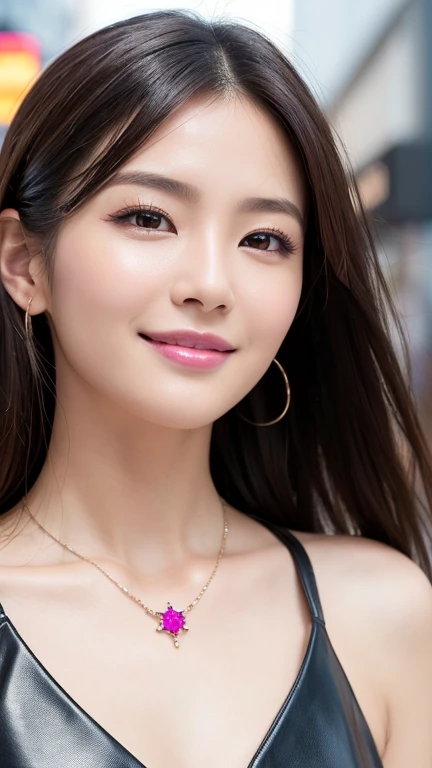 Sexy Japanese Model, 美しいsmile, Lip gloss, Dramatic Makeup, Close-up photo, (Large sparkly necklace), (big shiny bracelet), Daytime scene, big shopping mall background, Improve, (Fuchsia highlights), Long, flowing black hair, ((Business style dark fuchsia l...