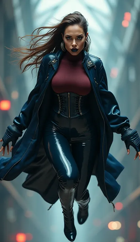 angelina jolie, en action de voler dans les airs en caustume de latex, latex, brillant, futuriste, chemise t-shirt latex marron rouge foncé, col roulé latex marron rouge foncé, t-shirt zippé latex marron rouge foncé, cape latex bleu marine, anneaux métaliq...