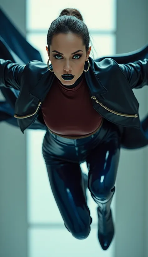 angelina jolie, en action de voler dans les airs en caustume de latex, latex, brillant, futuriste, chemise t-shirt latex marron rouge foncé, col roulé latex marron rouge foncé, t-shirt zippé latex marron rouge foncé, cape latex bleu marine, anneaux métaliq...