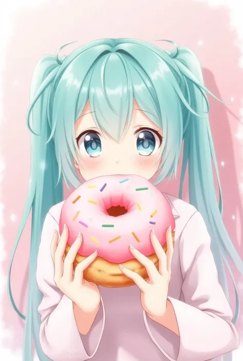 Hatsune Miku, pink background, eating a donut