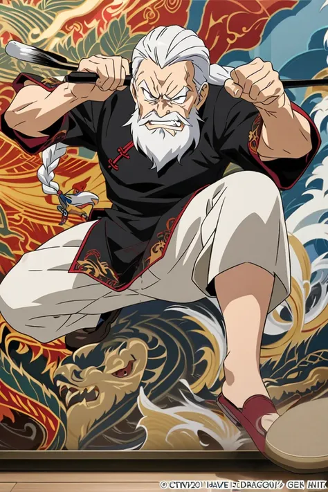 a 65 years old man, having a long braided white hair, angry face, long white beard, wearing modern style traditional Chinese outfit, holding a black big ang long painting brush, the brush have dragon mural on it and accessories, fighting pose, full art, fu...