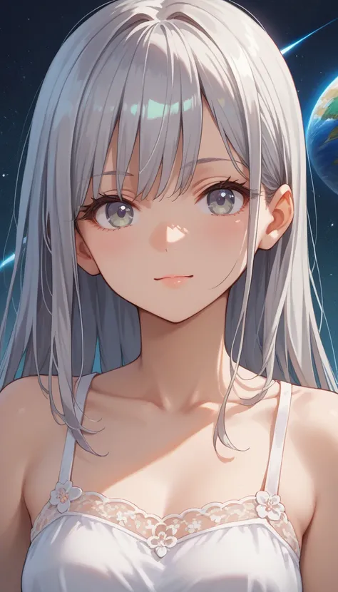 portrait anime girl, 18 years old, straight view, beautiful nose, no nose shadows and light, looking at viewer, wearing casual dress, casual colorful dress, looking at viewer, portrait mode, smily face, anime girl, solo girl, solo, long hairs, silver color...