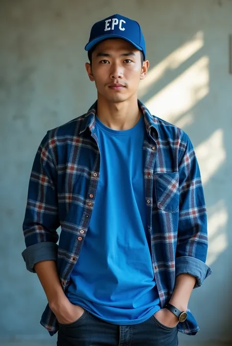  Hyper smooth realistic details photo graphy a handsome asian man wearing a blue t shirt blue white plaid shirt, blue baseball cap inscribed EPC . black jeans. Staring at the camera with a thin smile .  Both Hands put in a jeans pocket . Bright wall backgr...