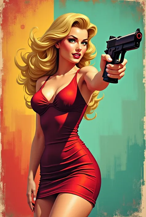 vintage pop art woman with a pistol she is blonde cartoon ish not realism hot dress and more cartoon