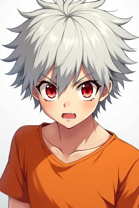 A anime male  orange t-shirts white hair close photo red eyes Ninja attitude style 
