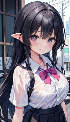  1 girl 、smile、shirt、skirt、, big chest、Kirarhythm、Japanese high school uniform、Seraph、Summer clothes、 uniforms soaked in squalls、（See-through bra）、Upper body portrait、 long black hair 、