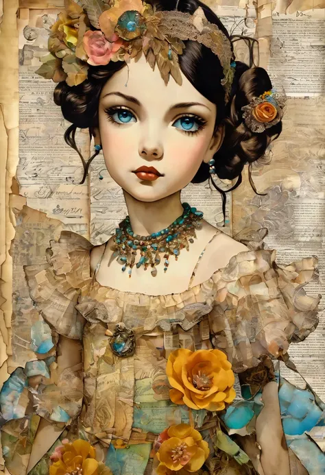 Super detailed alcohol ink painting of gorgeous girl, Made on top of a mixed-media masterpiece patchwork of stress-free vintage script paper, Ephemera, Torn cardboard, Vintage newspaper, Vintage sheet music, Wax Seal, Dress made of paper ruffles and life-s...