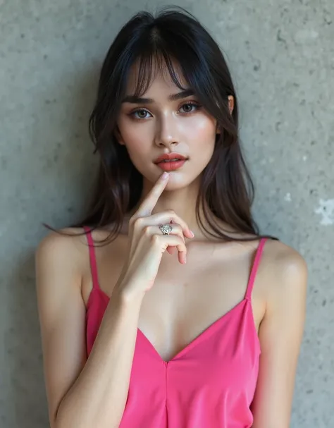 a 24 years old  young woman with long, dark hair and straight bangs. She has a fair complexion and is wearing subtle makeup, including eyeliner and pink lipstick. Her expression is neutral, and she is looking directly at the camera. She is wearing a bright...