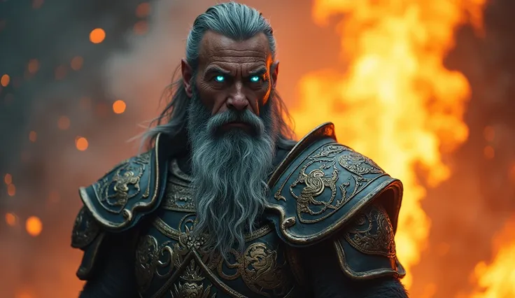 Nordic god, hyperrealistic, highly detailed, visible upper body, intense and piercing glowing blue eyes, long flowing gray beard, weathered and majestic face, wearing heavy, intricately designed bronze armor with Norse patterns, dramatic lighting, warm ora...