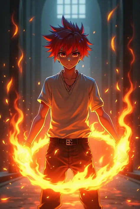 Anime boy holding flames in the darkness